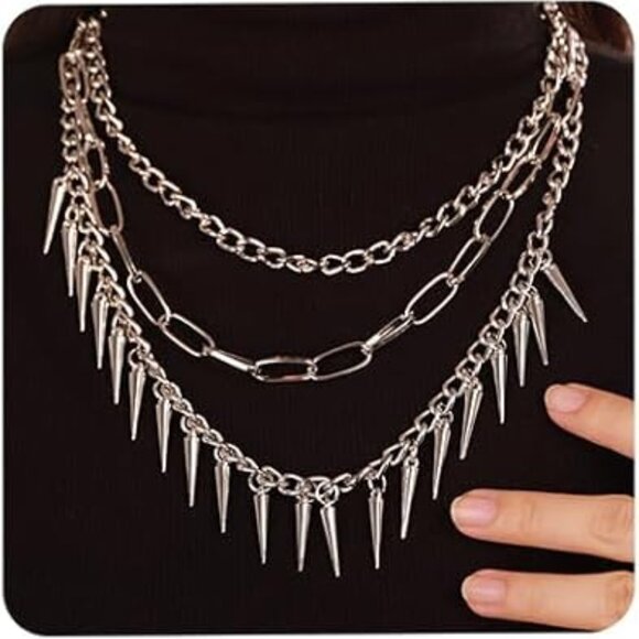 Jewelry - Silver Stainless Steel Layered Spike Chain Necklace – Waterproof & Tarnish Proof
